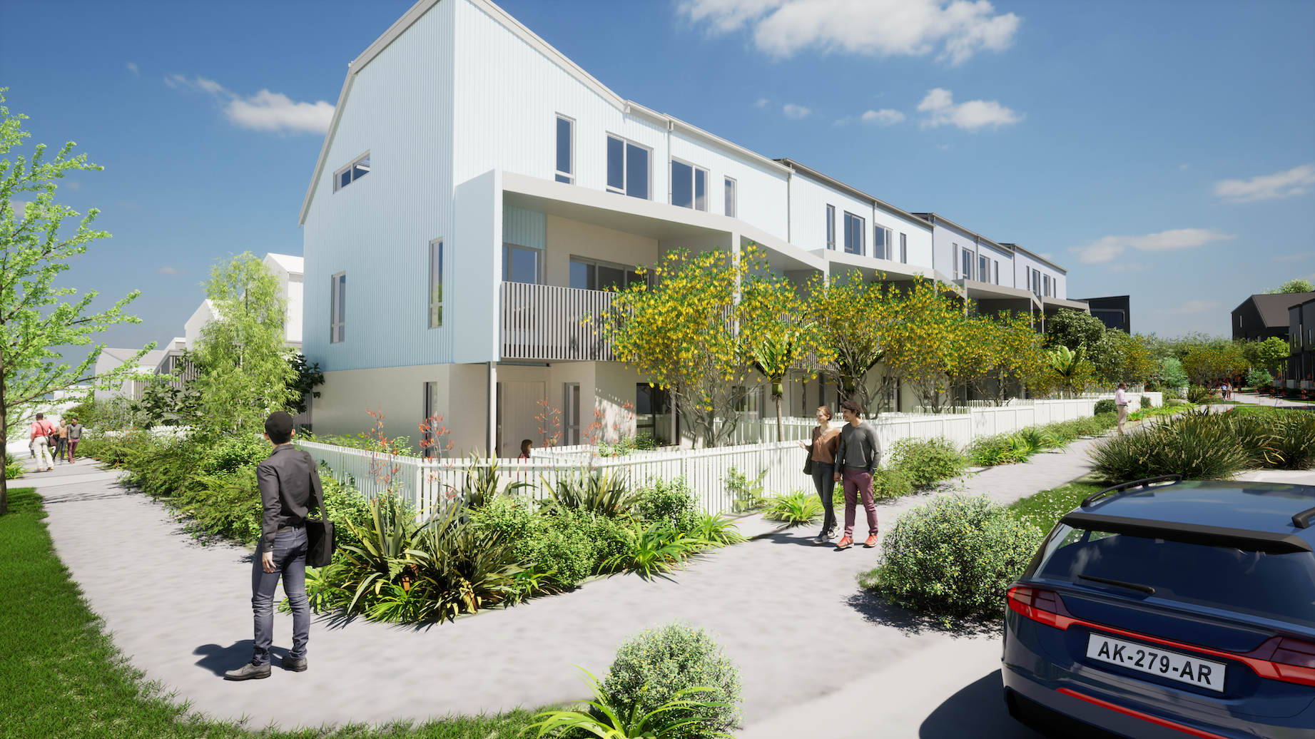 Terraced housing with private gardens and street-facing entries to support neighbourly interaction.