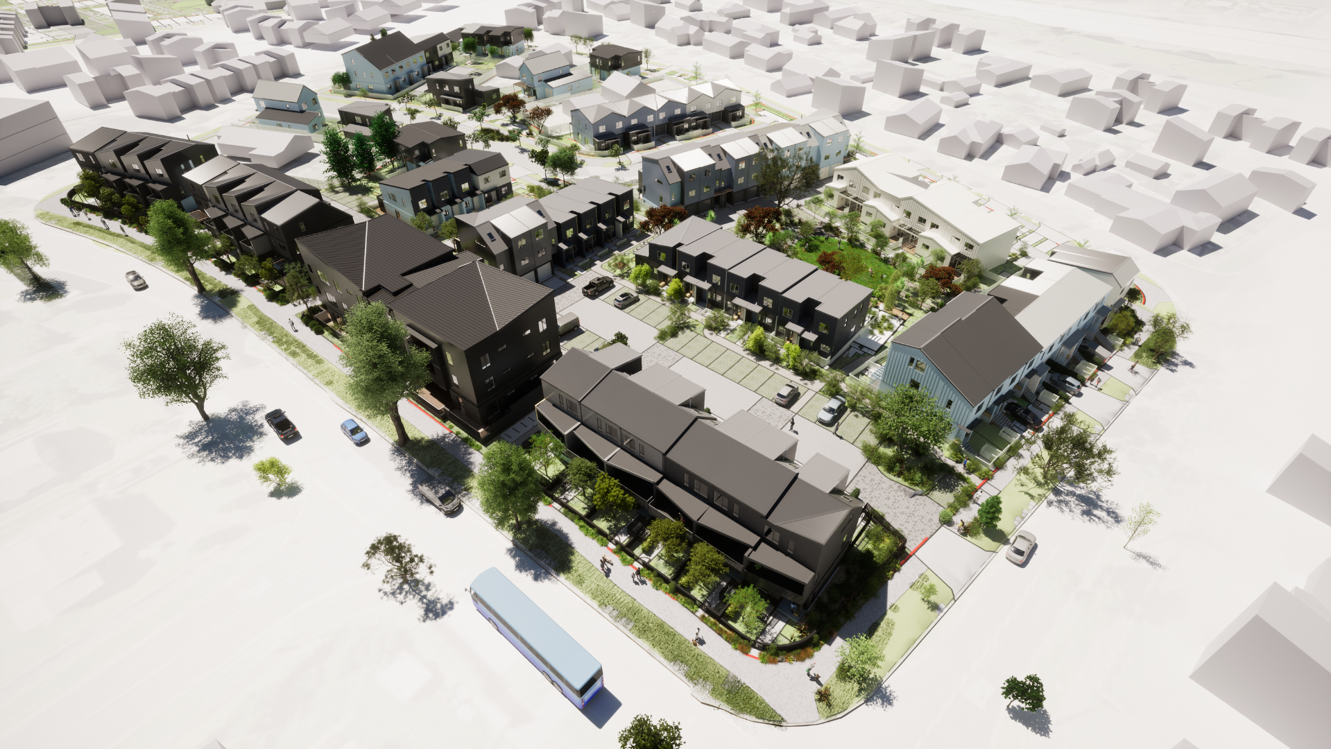 Aerial view showing the mix of housing typologies, shared spaces and pedestrian connections across the three superlots.